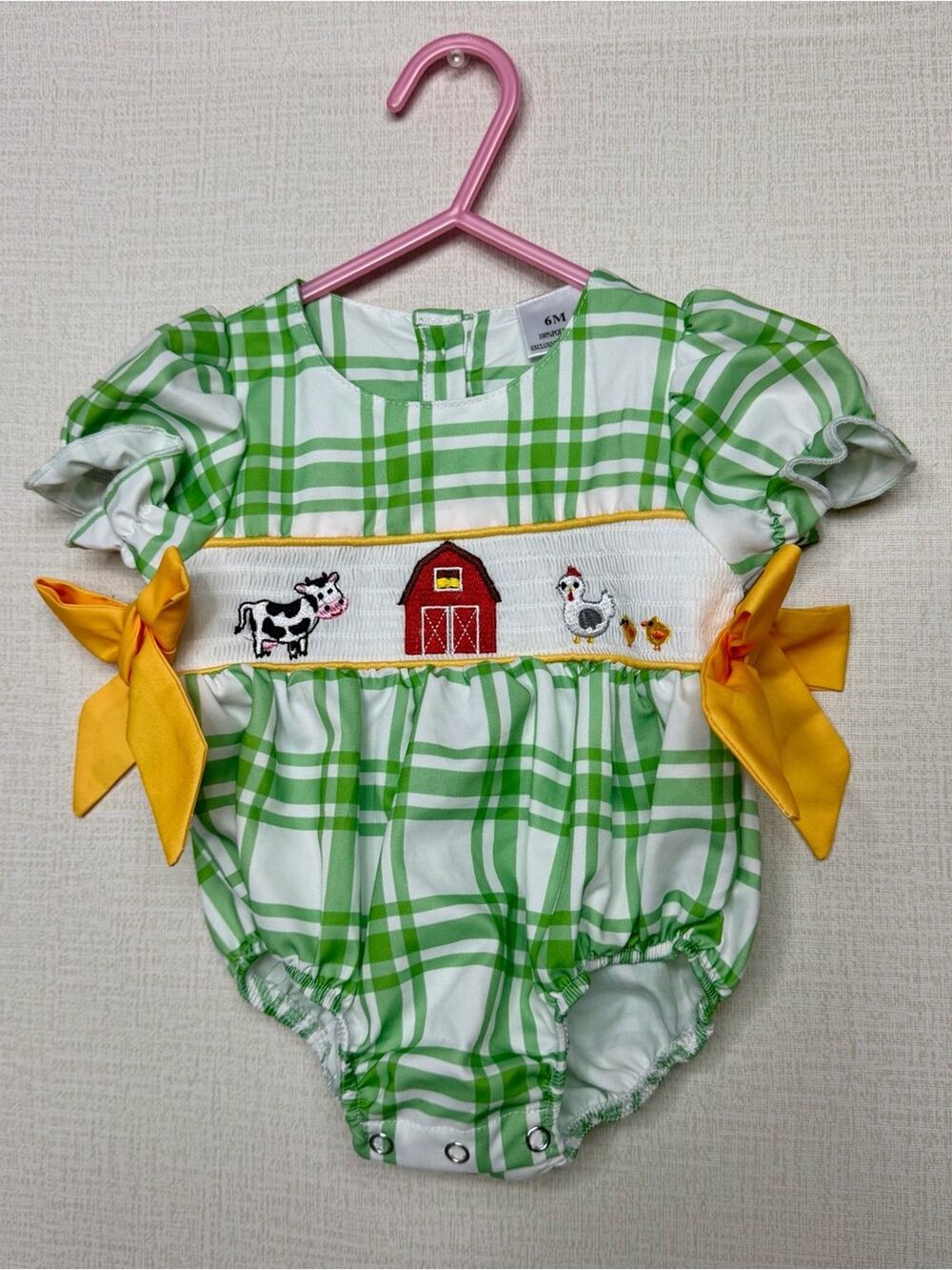 green plaid smocked baby bubble romper farm animal embroidery size 3-6 months